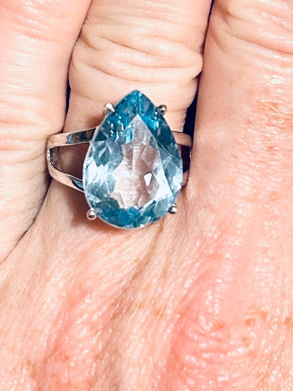 JVT 12.00CT Pear Shaped Swiss Blue Topza Sterling Silver Solitaire Ring Sz 7 NWT